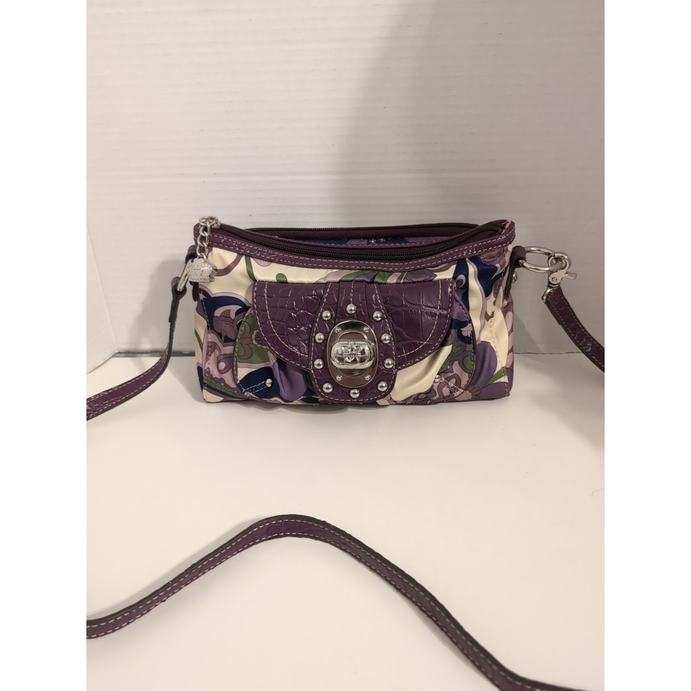 Kathy Van Zeeland Y2K Purple Paisley Floral Crossbody Bag Silver‎ Hardware